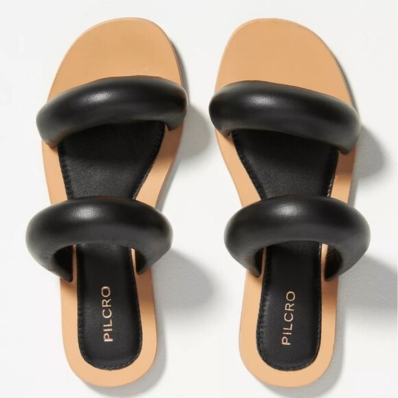 Anthropologie Pilcro Double Puff Strap Black Leather Slide Sandals Size 6 - Picture 14 of 14